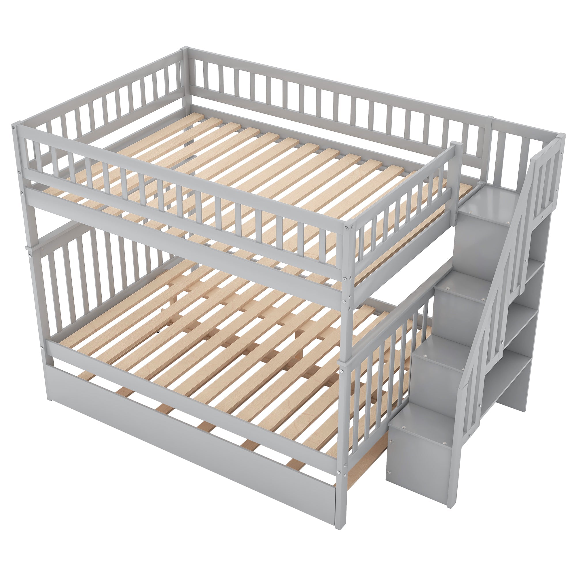 Euroco Full over Full Bunk Bed with Trundle and Storage Shelves for Kids, Gray