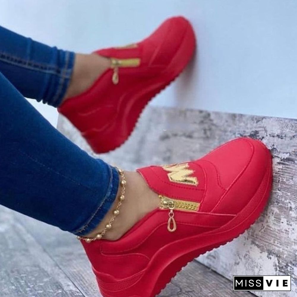 Women Sport Shoes Thick Bottom Solid Ladies Vulcanized Sneakers Casual Wedges Slip On Zipper Shoes Women Platform Sneakers