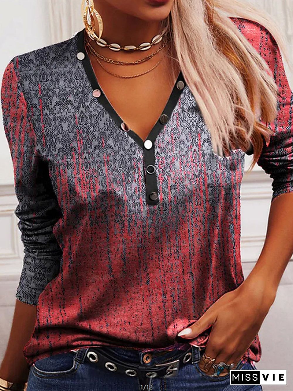 Women's V Neck Long Sleeve Floral Printed Top T-Shirt