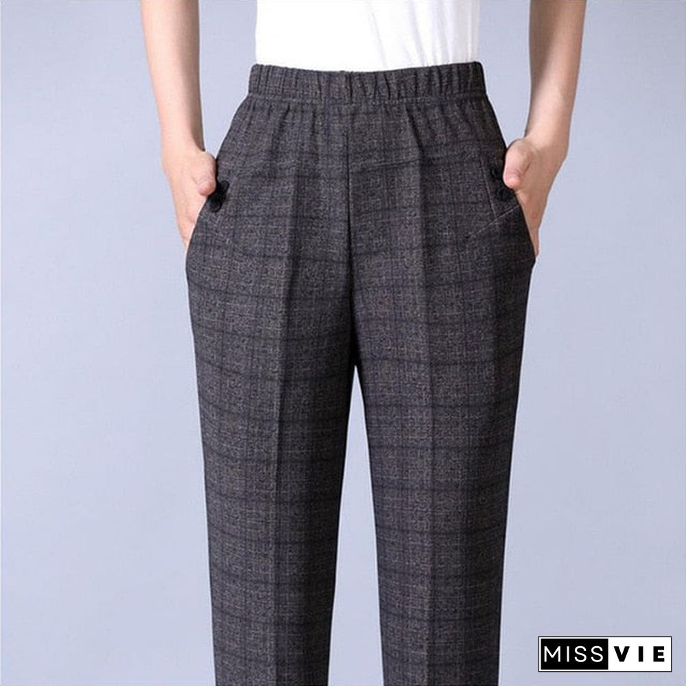 Plus Size Mother'S Straight Trousers Casual Elastic High Waist Harem Pants Women Classical Pants With Stripes Loose Breathable