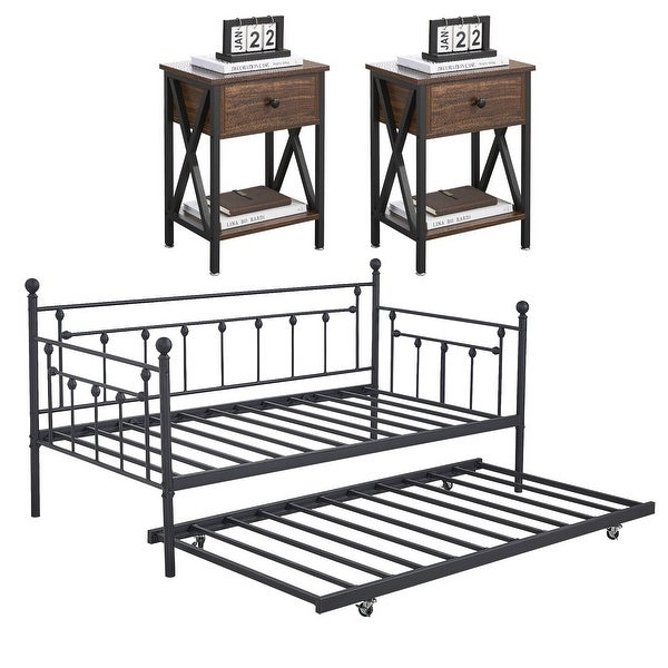 Taomika 4-Pieces Modern Bedroom Set Black Daybed with Trundle Nightstands Set of 2 - - 36002068