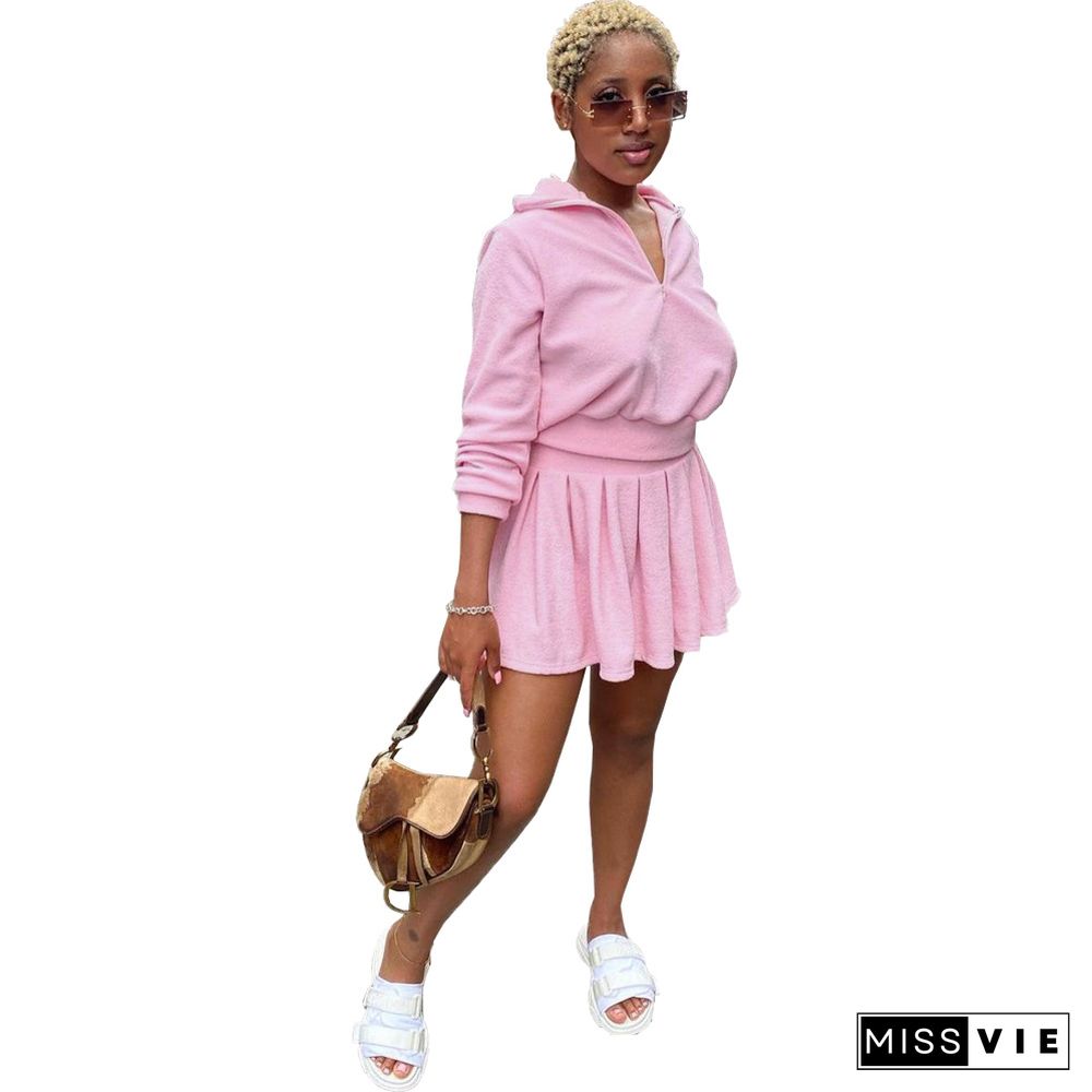 Long Sleeve T Shirt Pleated Tennis Mini Skirts Set