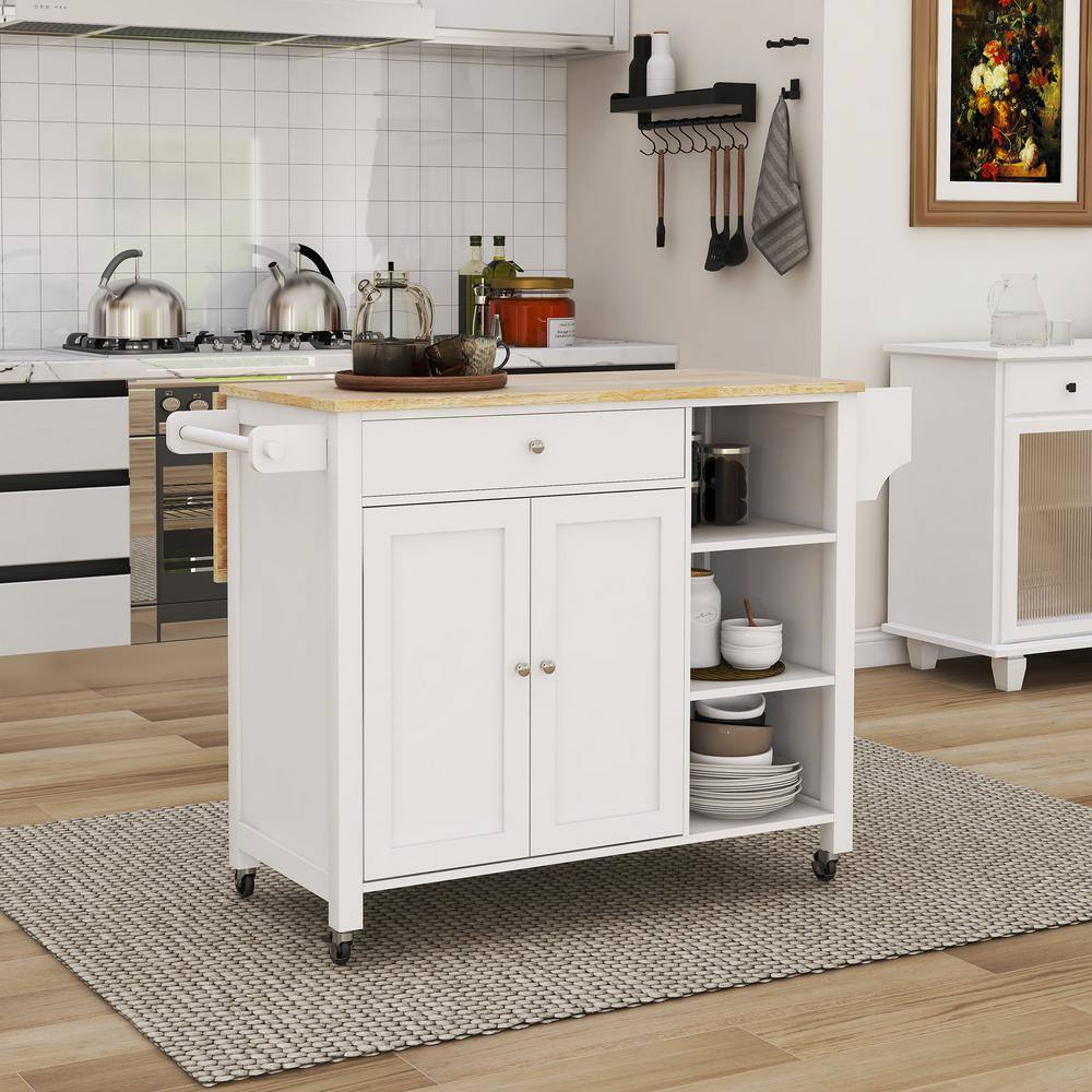 tunuo White Rolling Wood Tabletop 40 in. Kitchen Island with Lockable Wheels SFWF-282S08