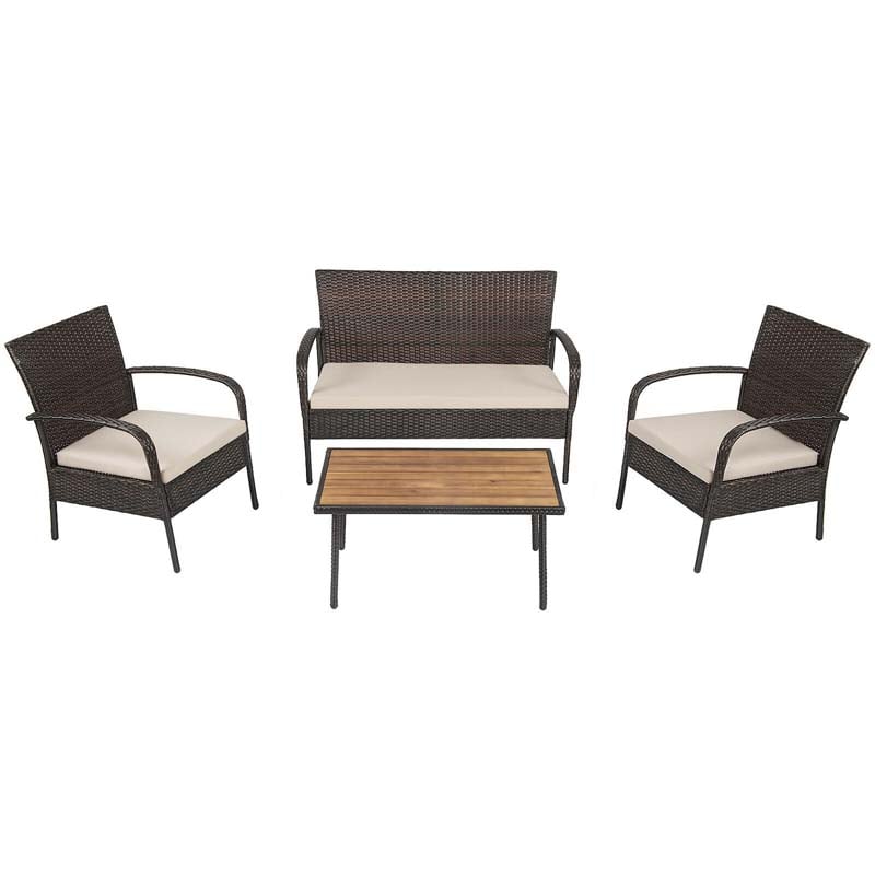 4 Pcs Rattan Patio Conversation Furniture Set Wicker Outdoor Sofa Set with Cushions & Acacia Wood Tabletop