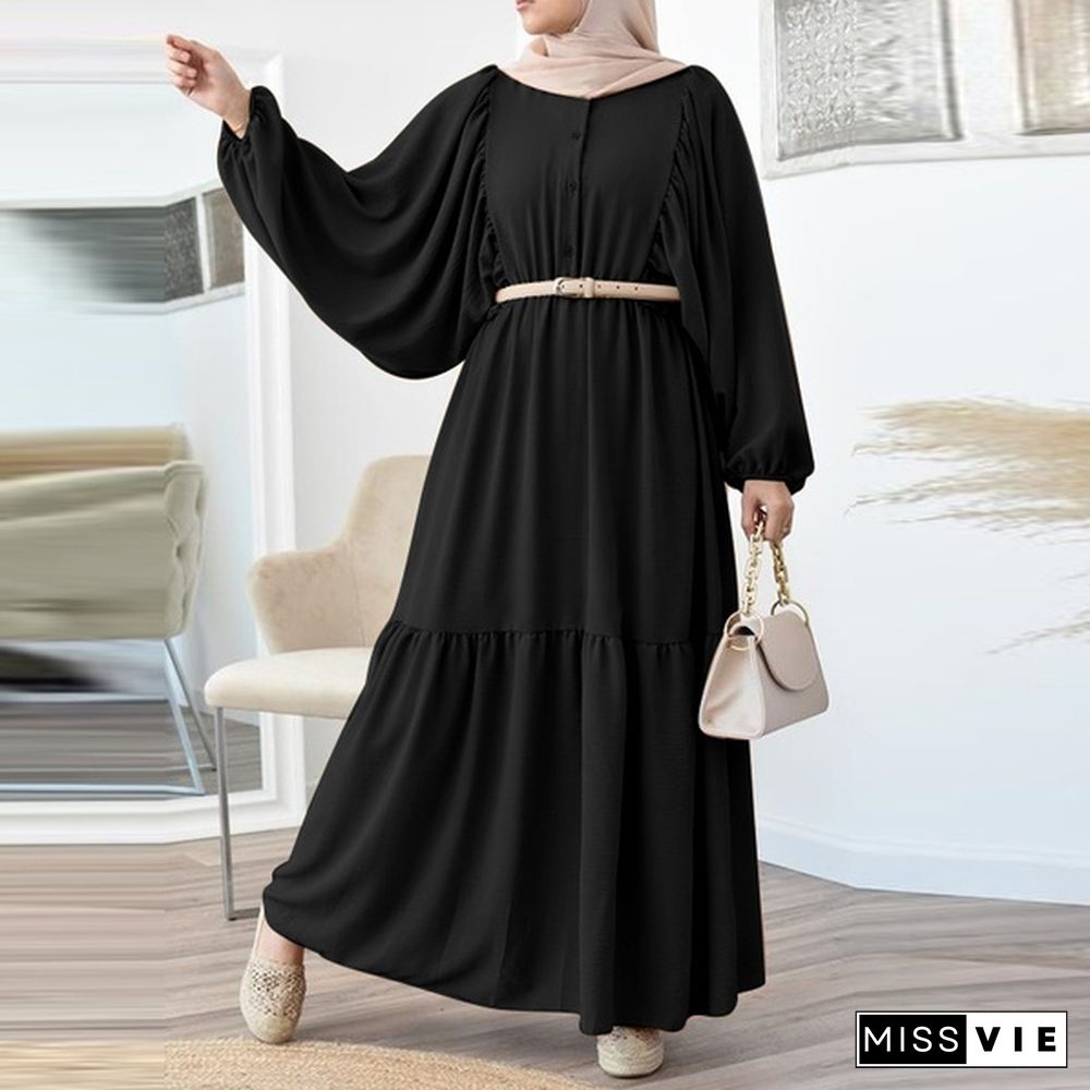 Women Casual Solid Belt Kaftan Muslim Button Down Party Puff Sleeve Spring Long Maxi Shirt Dress