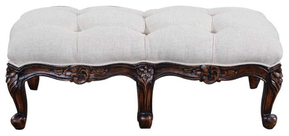 Long Footstool French Country Farmhouse Carved Wood Walnut  Oatmeal   Traditional   Footstools And Ottomans   by EuroLuxHome  Houzz