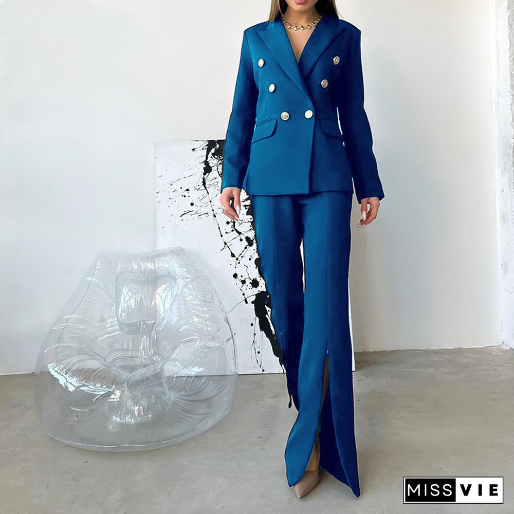 Fashion Temperament Slim Solid 2 Piece Sets Women Elegant Long Sleeve Lapel One Button Blazer + High Waist Slit Flare Pants Suit