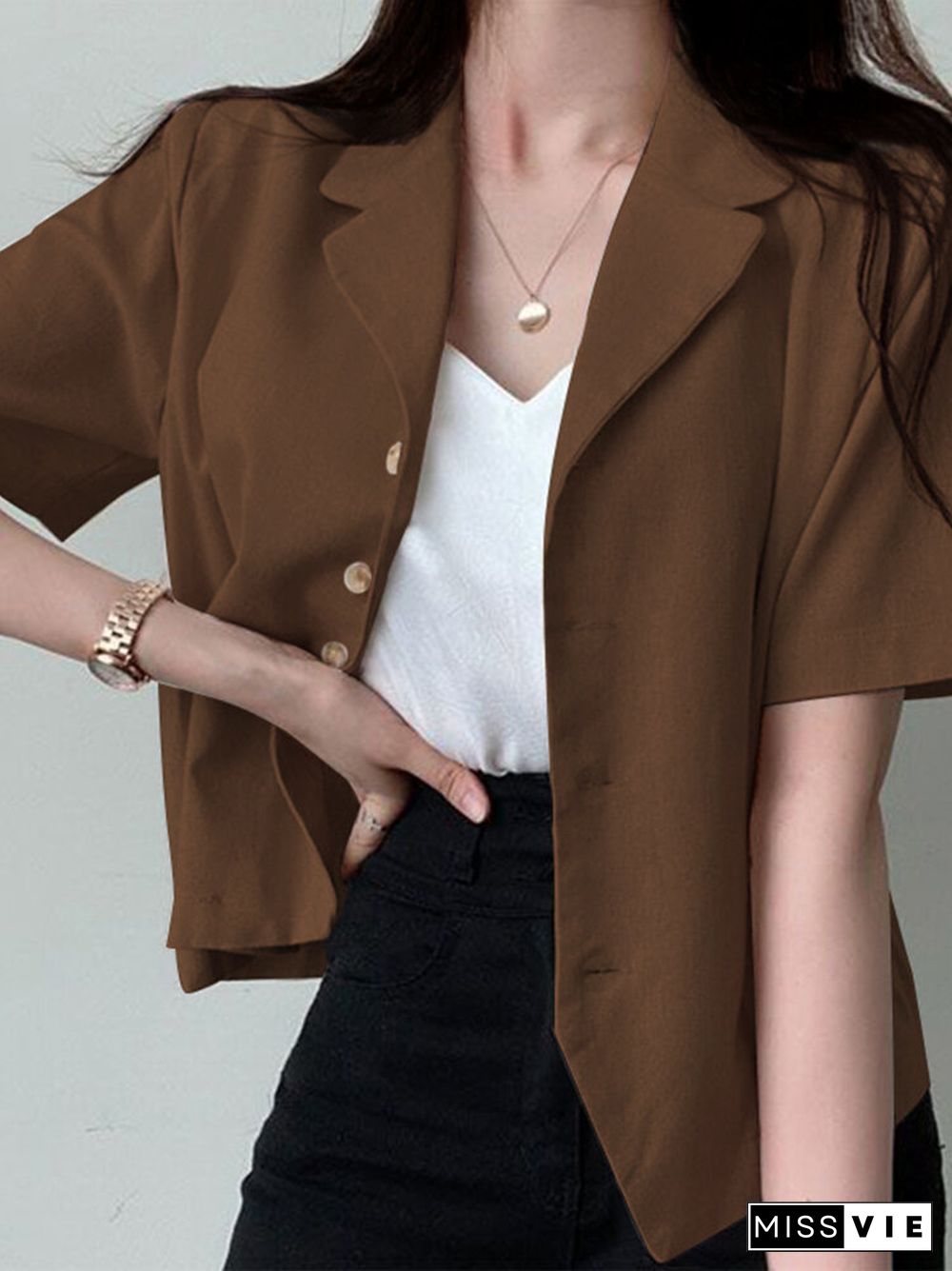 Solid Button Front Lapel Short Sleeve Casual Blazer