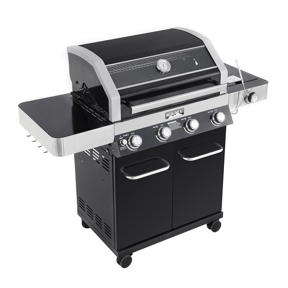 Monument Grills 4-Burner Propane Gas Grill in Black with ClearView Lid, LED Controls, Side Burner and USB Light 42538B