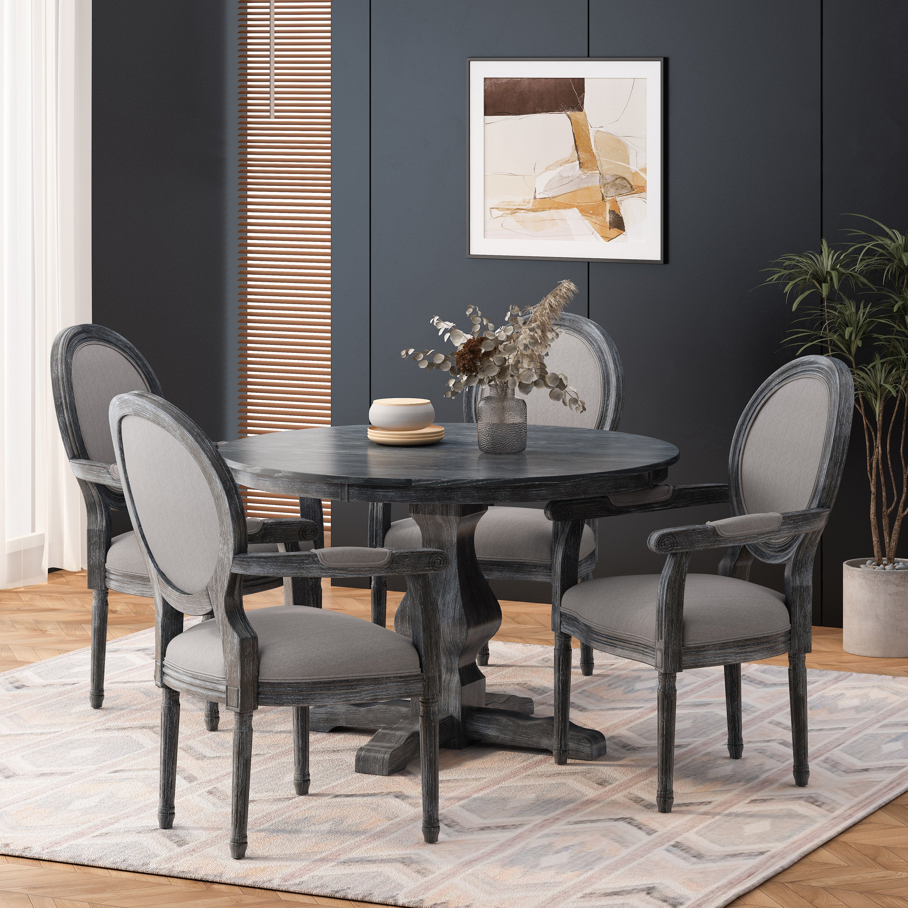 Bryan French Country Fabric Upholstered Wood 5 Piece Circular Dining Set