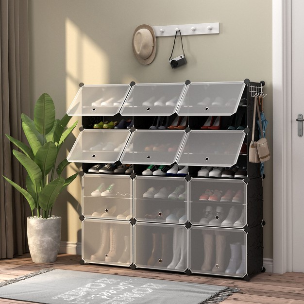 Costway Portable Shoe Rack Organizer 12 cube 48 Pair Shoe Shelf Storage Cabinet W hook