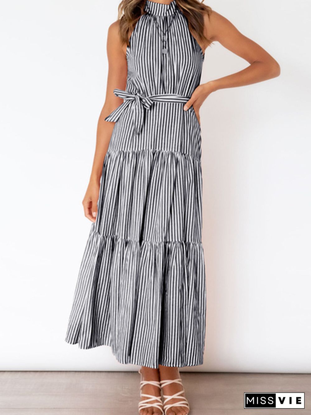 Halter Striped Loosen Short sleeve Woven Dress