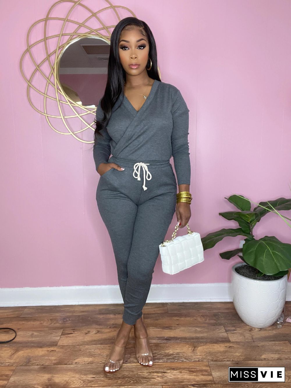 Solid V Neck Long Sleeve Lace Up One Piece Jumpsuit