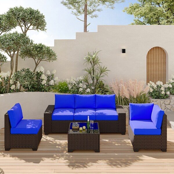 Outdoor Patio Sofa，6 Piece Rattan Furniture Set with Glass Table