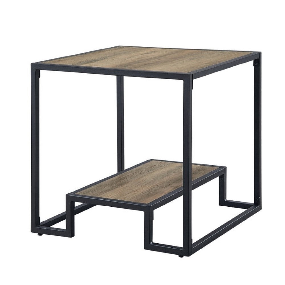 Lea 22 Inch Wood End Table， Grain Details， Metal Frame， Rustic Oak - 22 L x 22 W x 22 H Inches