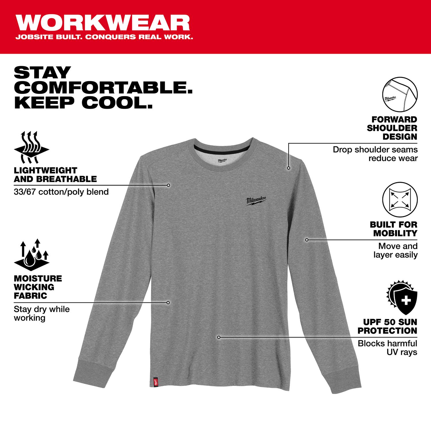 MW M Long Sleeve Men\u0027s Crew Neck Gray Hybrid Work Tee Shirt