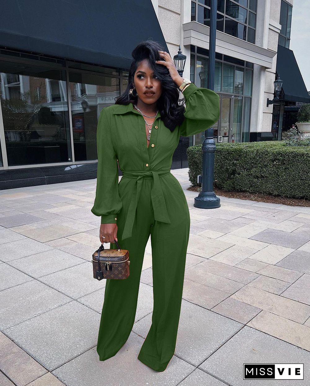 Solid Turn Down Collar Wide Leg Jumpsuit With Belt