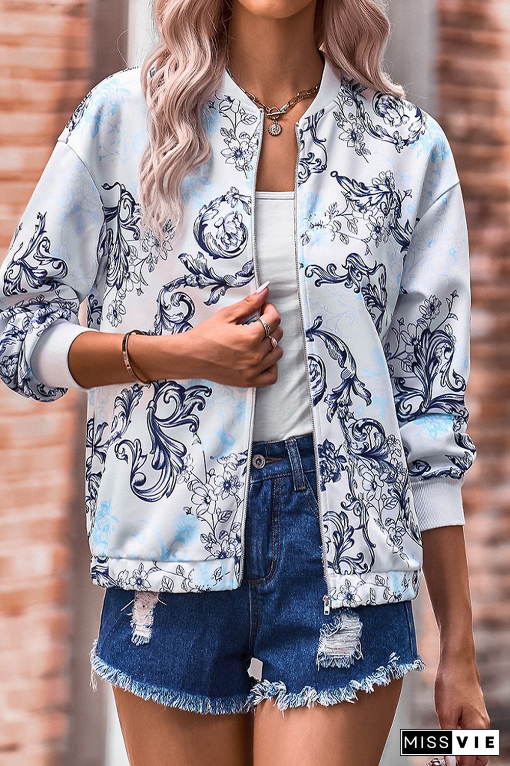 Floral Print Zipper Jacket Coat