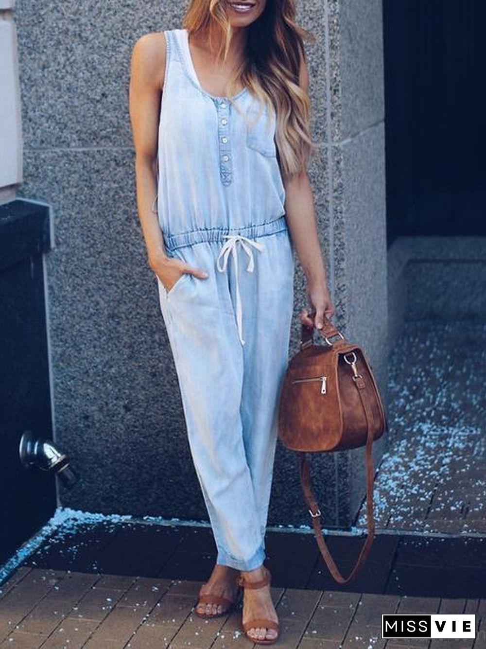 Slim Sleeveless Waistband Denim Jumpsuit