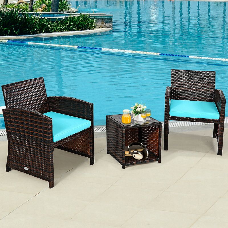 3 Pieces PE Rattan Wicker Furniture Set with Cushion Sofa Coffee Table for Garden