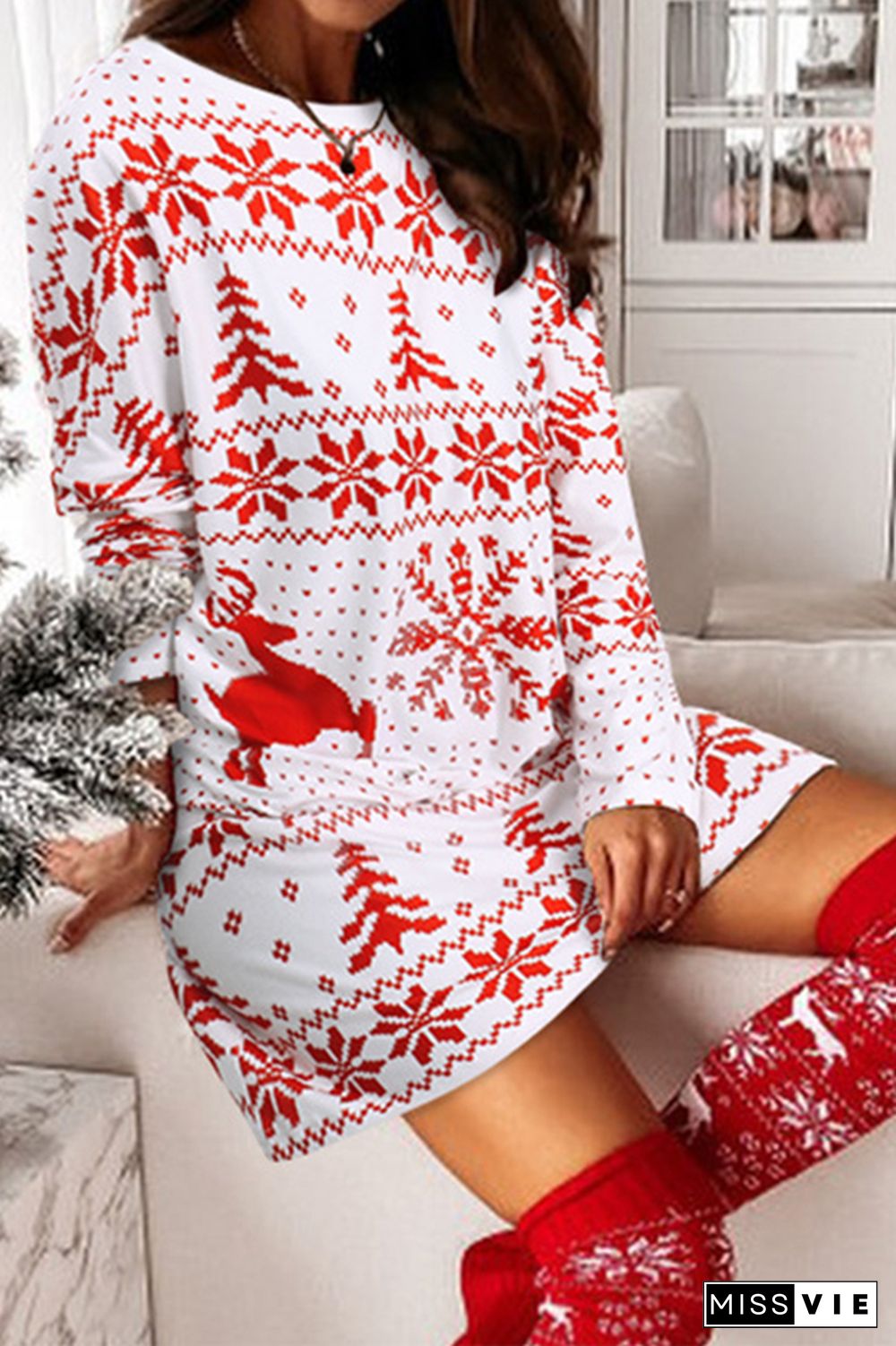 Christmas Print Long Sleeve Dress Women Wholesale