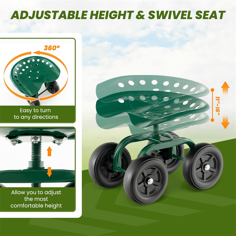 Heavy Duty Rolling Garden Cart Adjustable Height Utility Stool Cart with 360¡ã Swivel Seat & Wheels