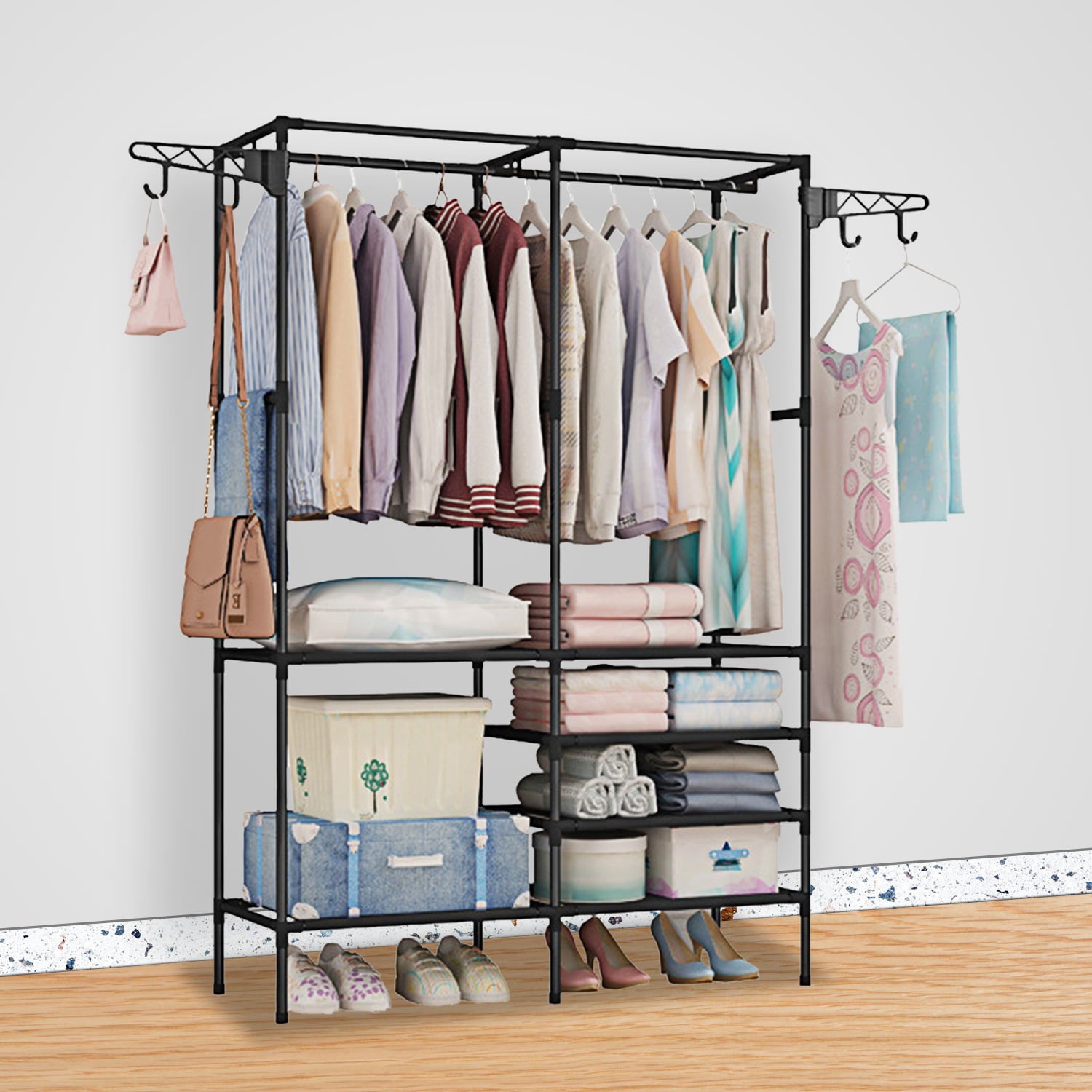 iMounTEK Portable Clothes Wardrobe Garment Rack Home Closet Shoe Organizer Garment Rack Freestanding Multifunctional Clothes Wardrobe