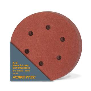 POWERTEC 6 in. 180-Grit Aluminum Oxide Hook and Loop 6-Hole Disc (25-Pack) 45218