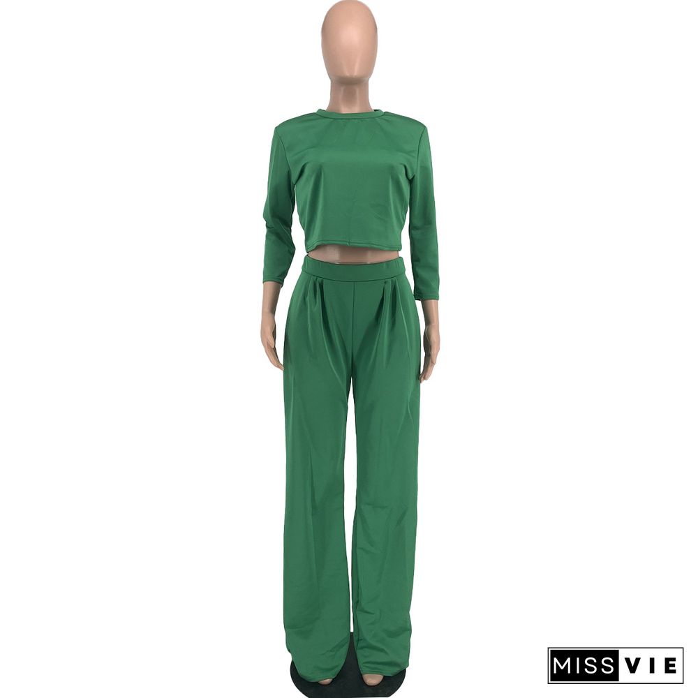 Long Sleeve O Neck Crop Tops Wide Leg Pants Set