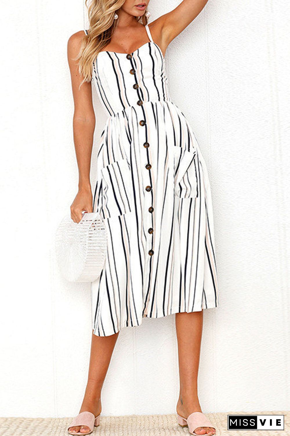 Striped Halter Botton Up Pocket Midi Dress