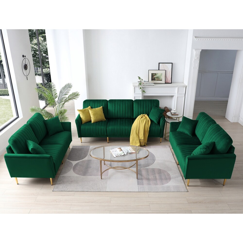 Green Luxurious Velvet Sofa Set with Tufted Cushions (3 Seater + 2 Loveseat + 5 Pillows)