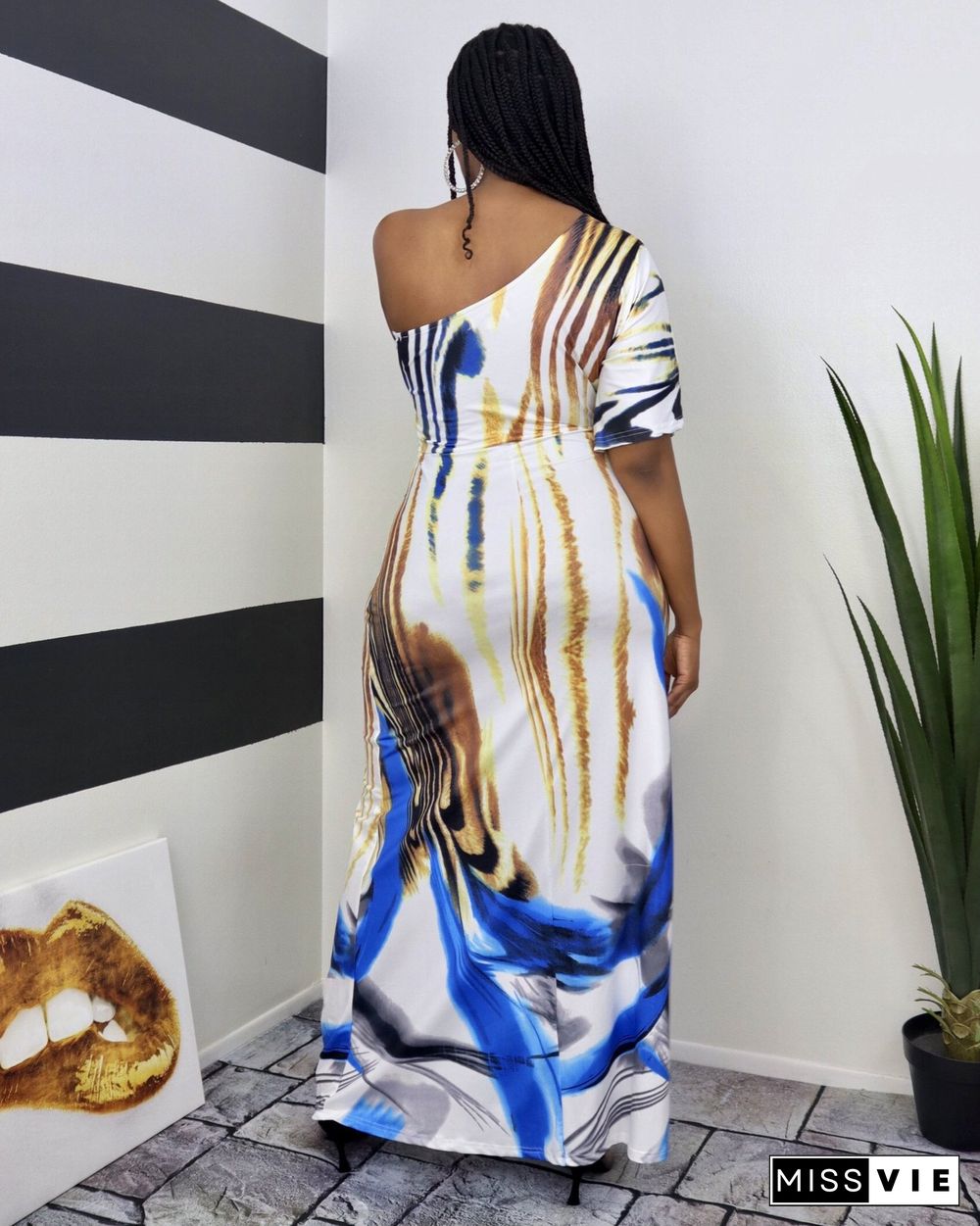 Summer Fashion Women Print Skew Shoulder Short Sleeve Loose Fit Beach Party Long Maxi Dress