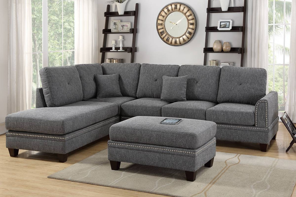 Bosnia 2 Piece Upholstered Cotton Blended Fabric Sectional Sofa Set  Ash Black   Transitional   Sectional Sofas   by Hollywood Decor  Houzz