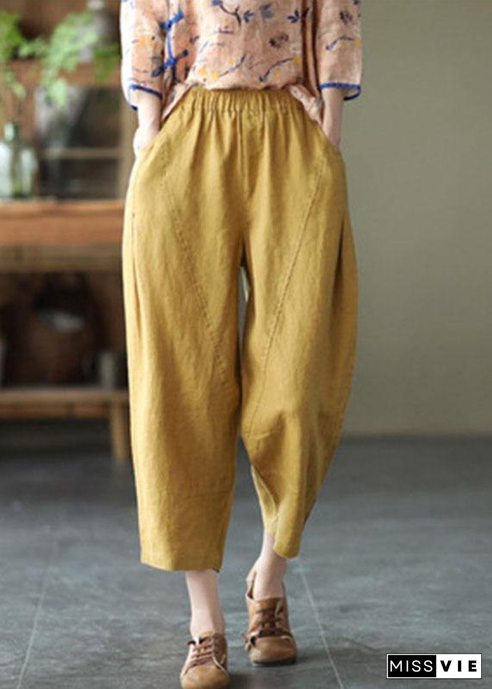 Natural yellow-half pattern Elastic Waist Summer Linen Harem Pants