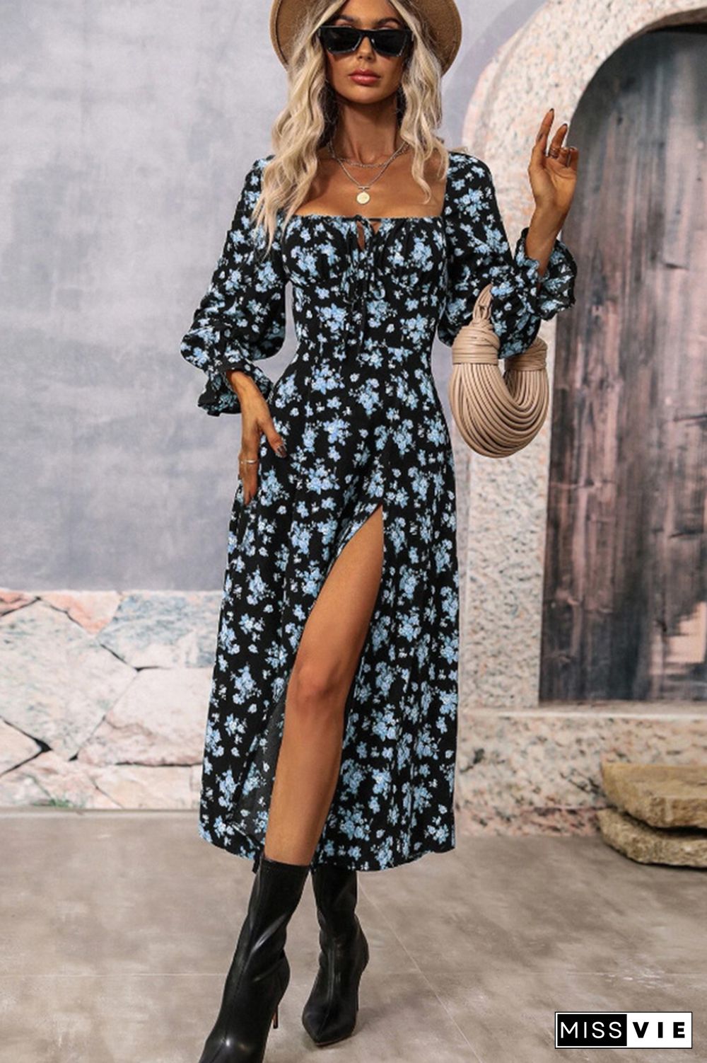 Floral Printed Square Neck Split Collar High Split Maxi Dress