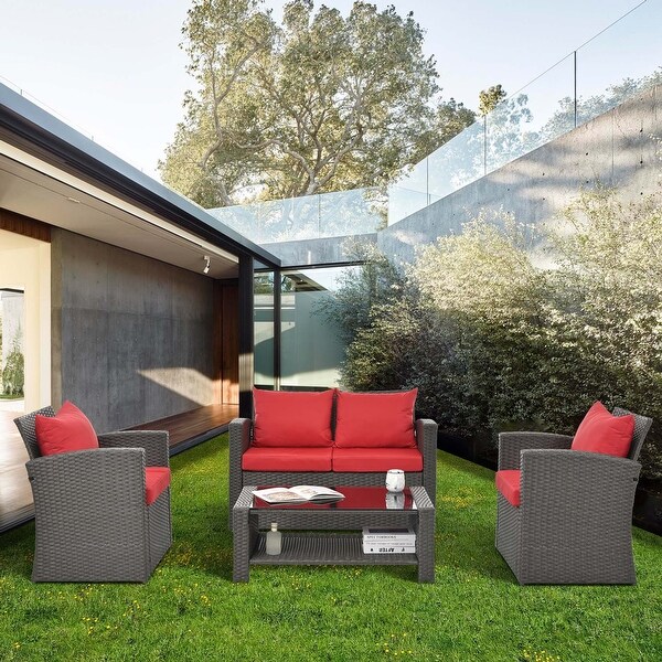 4Piece PE Wicker Patio Conversation Set with Cushions