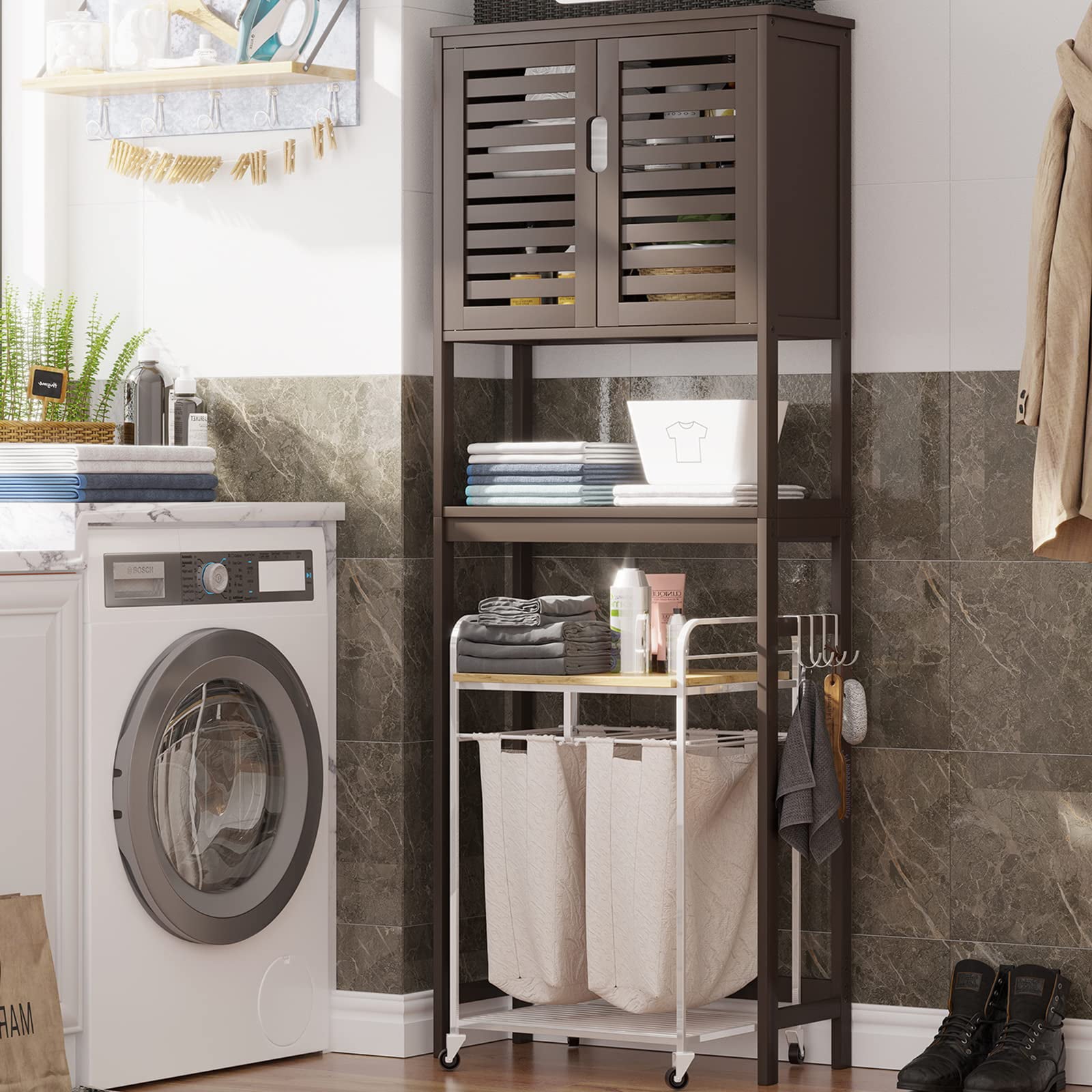 Over The Toilet Storage Cabinet, Freestanding Toilet Shelf with Cupboard and Adjustable Shelve, Brown