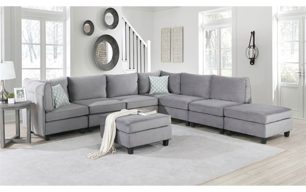 Bowery Hill Contemporary 8 Piece Velvet Modular Sectional Sofa in Gray   Transitional   Sectional Sofas   by Homesquare  Houzz