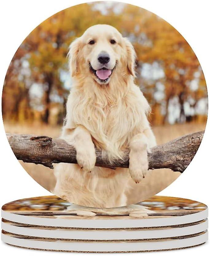 1pc Round Golden Retriever Standing By A Rural Fence Ceramic Coasters With Cork-backed For Coffee Drink Cup Mat Absorbent Stone Coasters