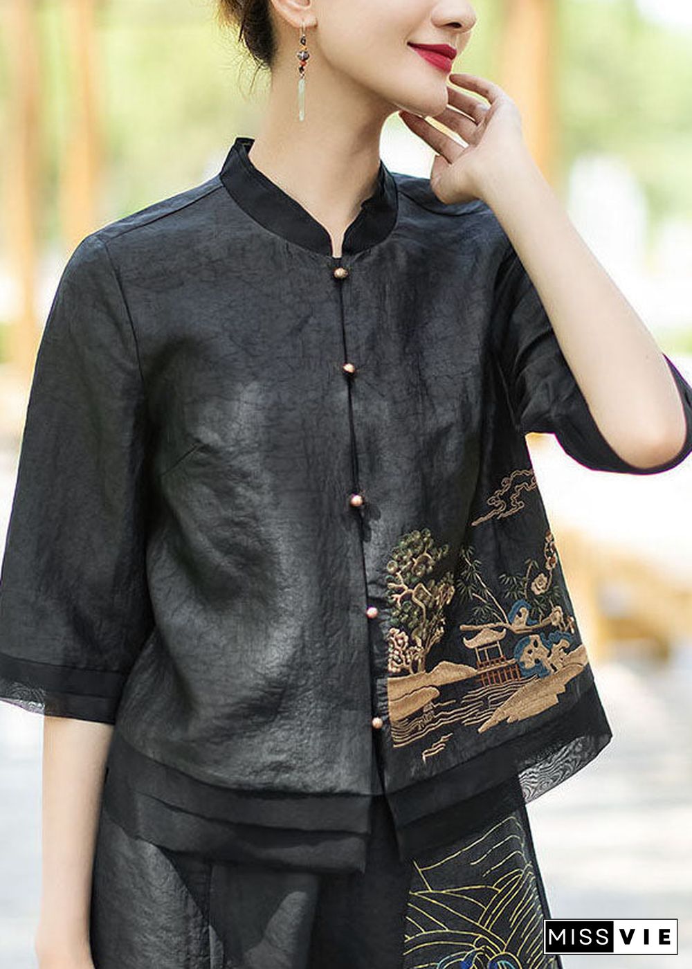 Chinese Style Black button Embroideried Stand Collar Silk coats Half Sleeve