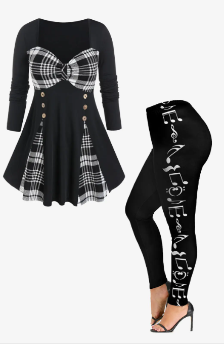 Sweetheart Neck Plaid Tee and Musical Notes Print Skinny Leggings Plus Size Outfit