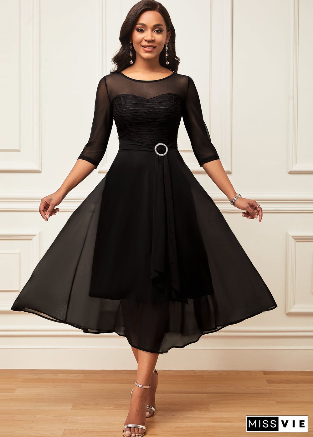 Layered Hem Chiffon 3/4 Sleeve Black Dress