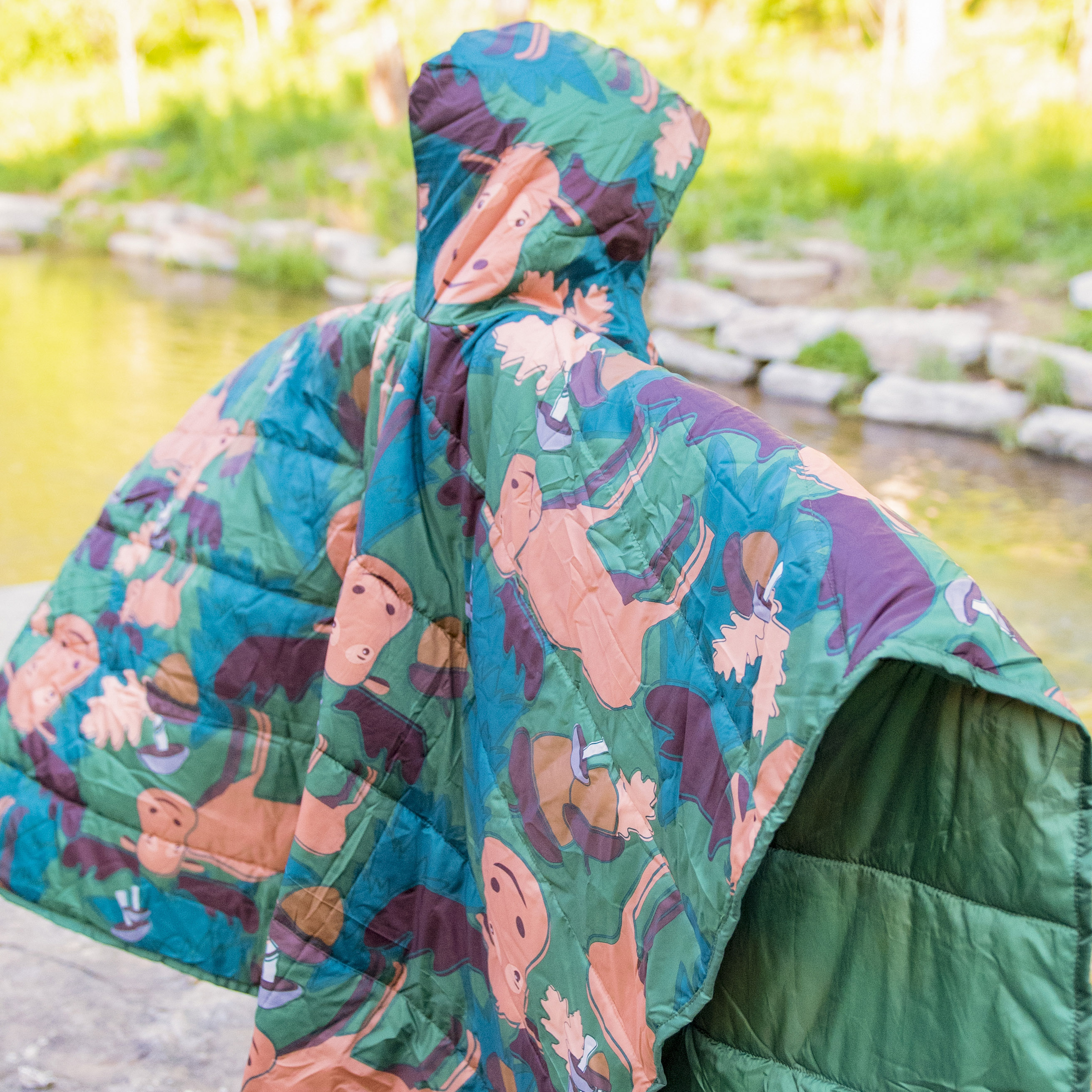 EQUIP Camping Poncho Picnic Blanket and Mat， Green Moose Print， Size 66.9 In. L x 51.18 In. Material Polyester