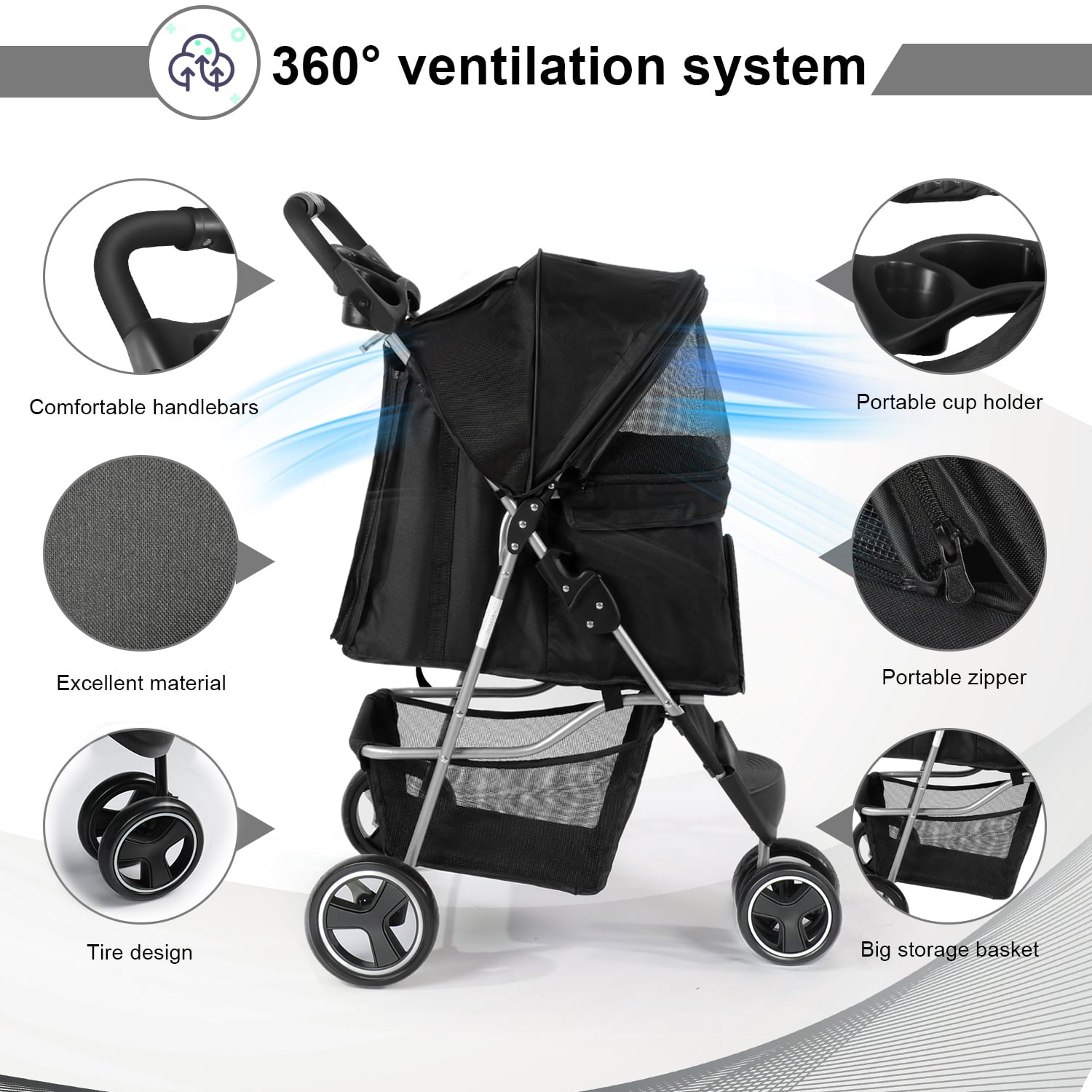 Pet Dog Stroller， Wedyvko 3 Wheels Foldable Dogs and Cat Strollers with Storage Basket and Cup Holder for Small and Medium Cats， Dogs， Puppies (Black)