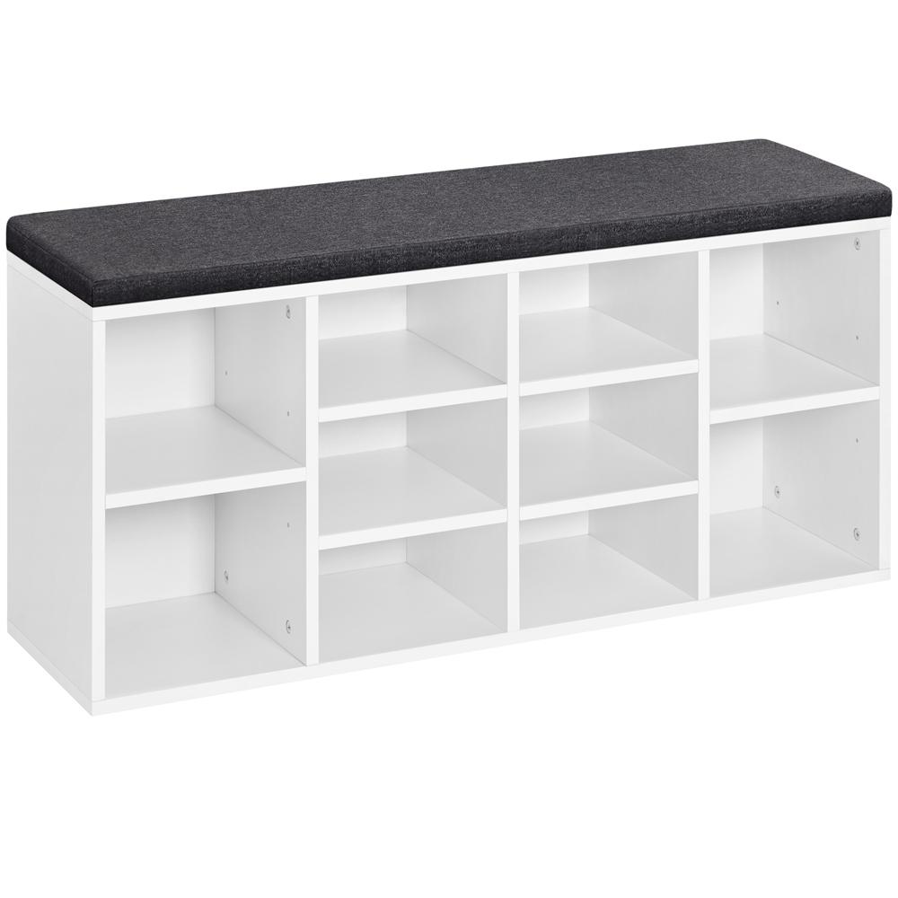 SmileMart 10 Cubbies Shoe Storage Bench， Wood， Foam and Fabric， White