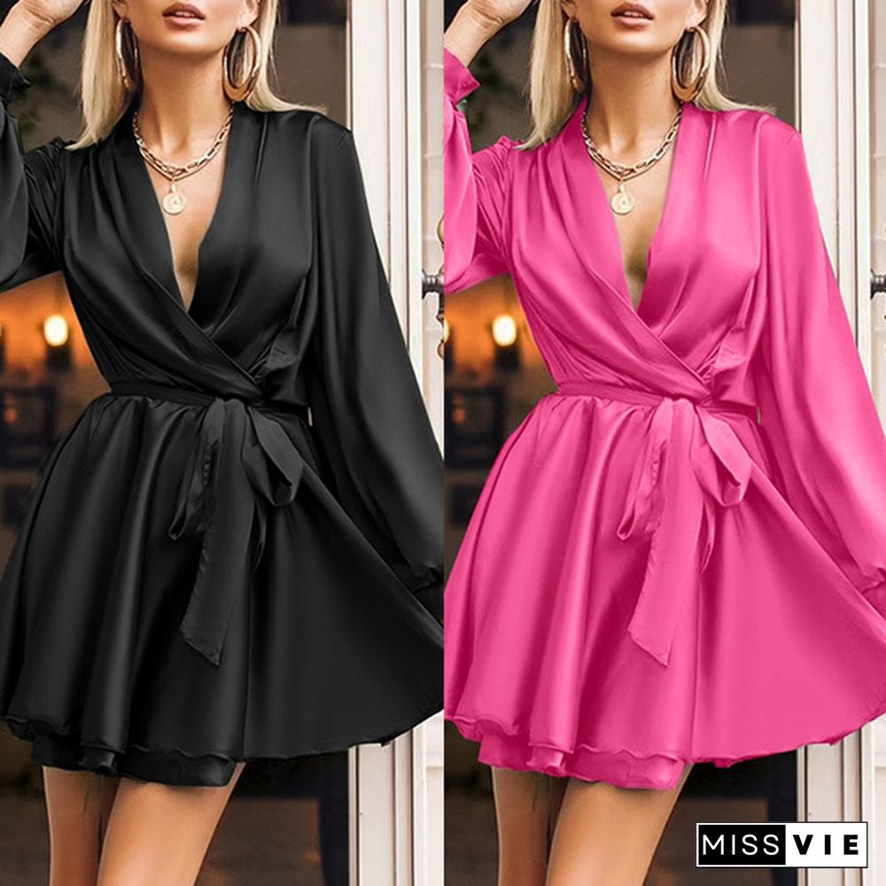 Autumn Women Lantern Long Sleeve Mini Dress V Neck Party Casual Swing Wrap A Line Dress Plus Size