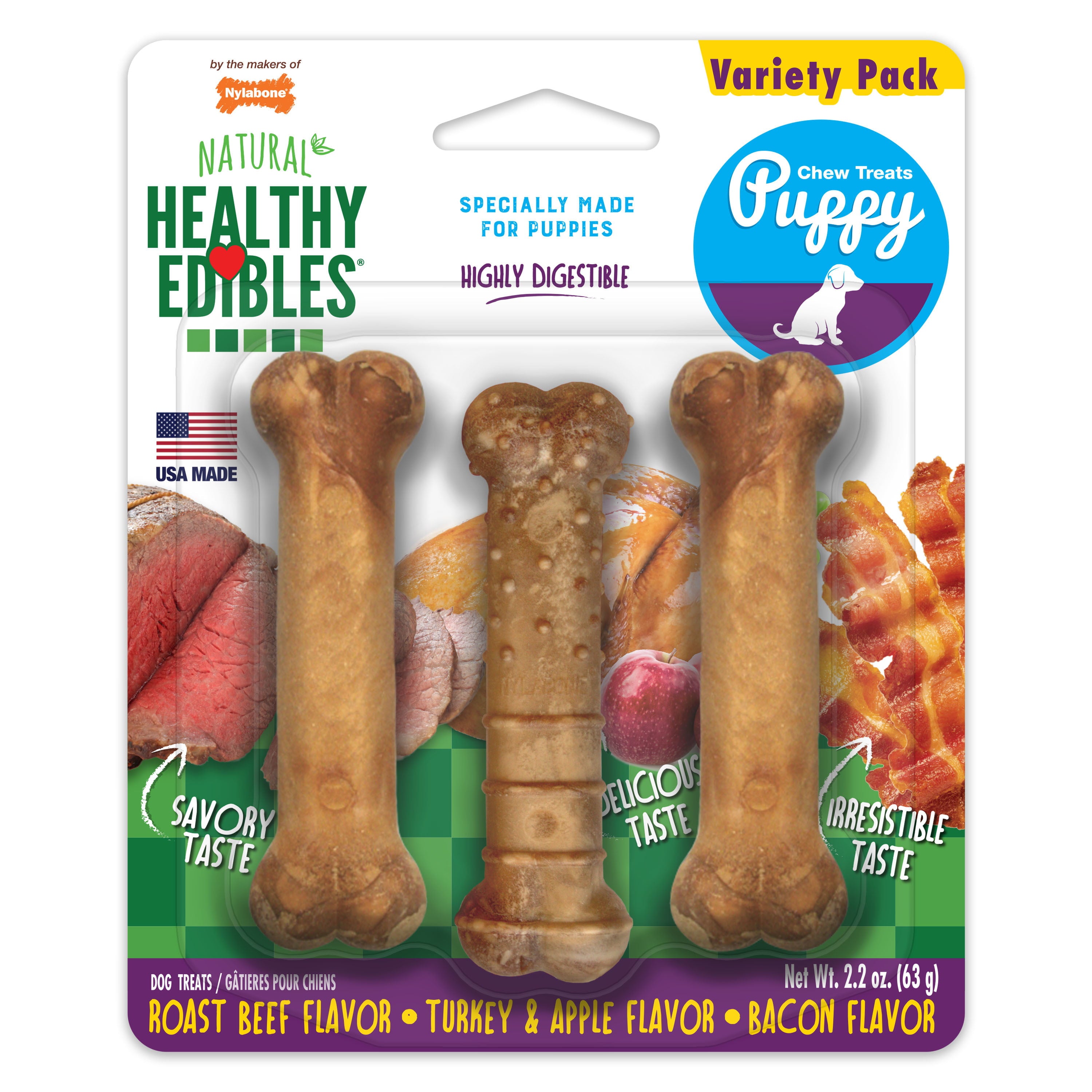 Nylabone Healthy Edibles Puppy Natural Long Lasting Dog Chew Treats Roast Beef， Turkey and Apple， and Bacon X-Small/Petite (3 Count)