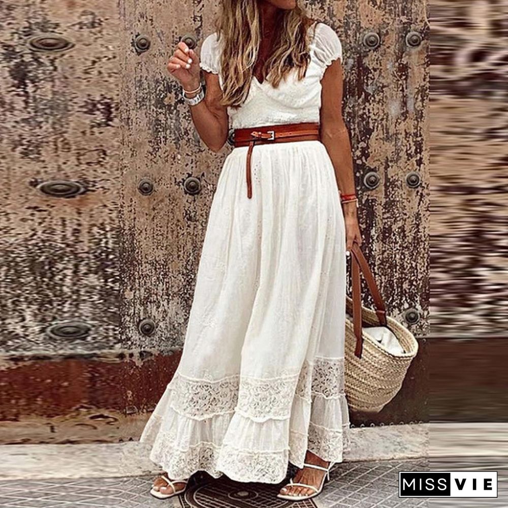 Fashion Women Casual Dress Short Sleeve V Neck Solid Color Cotton Maxi Dress Lace Patchwork Holiday Beach Sundress Plus Size