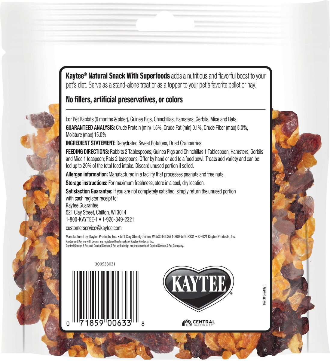 Kaytee Natural Snack with Superfoods Sweet Potato and Cranberry Blend Small Pet Treats， 3-oz bag