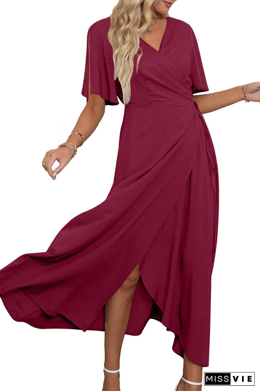 Plain Wrap V Neck Side Split With Sash Maxi Dress